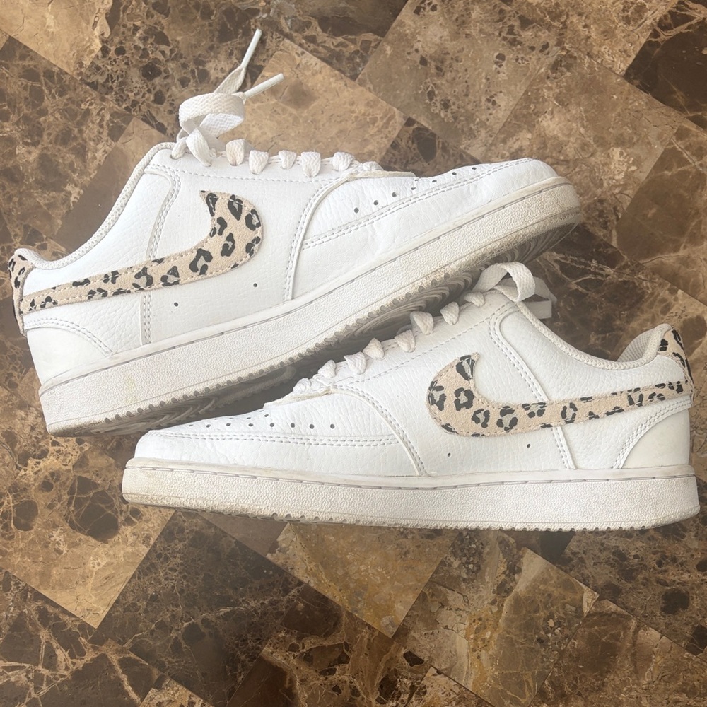White Nikes with Leopard Print Swoosh